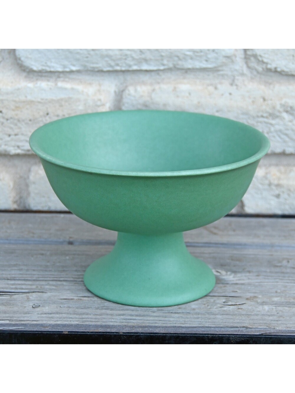 1960s Red Wing Pottery 5022 Footed Compote Bowl Jade Apple Green Matte Glaze VTG